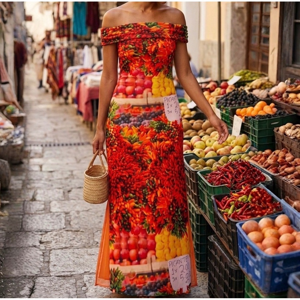 Zara Picante Pepper Mesh Fruit Vegetable Print Off Shoulder Maxi Dress Red Small